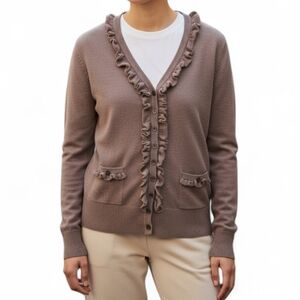 Elexa Cashmere Wool Mix Feminine Preppy Ruffly Cardigan Sweater, M/L